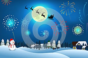 Set of realistic snowman with fireworks show isolated or cute snowman with santa hat on snowy background.