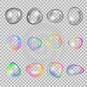 Set realistic soap bubbles, different colors, shapes, on transparent background.