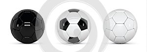 Set of realistic soccer balls or football ball on white background. 3d Style vector Ball. Soccer black and white balls