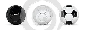 Set of realistic soccer balls or football ball on white background. 3d Style vector Ball. Soccer black and white balls