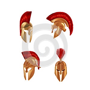 Set realistic Spartan Ancient Greek, Roman helmet. Bronze protective headgear. photo