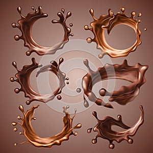 Set of realistic splashes and drops of melted dark and milk chocolate. Dynamic circle splashes of whirl liquid chocolate