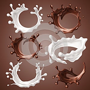 Set of realistic splashes and drops of milk and melted chocolate. Dynamic circle splashes of whirl liquid chocolate