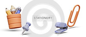 Set of realistic stationery on white background. Pencil cup, pushpin, stapler, paper clip