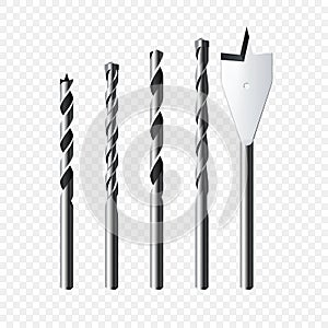 Set of realistic steel Drill Bits. Vector illustration  on transparent background