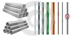 Set of realistic steel metal and plastic pipes for water, oil, gas pipeline, construction building