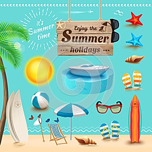 Set of realistic summer icons and objects. Vector illustration