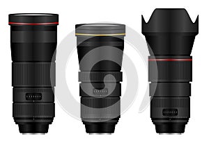 Set of realistic telepohoto photography lens isolated. Eps Vector..