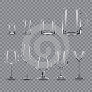 Set of realistic template empty transparent alcohol glasses and mugs.