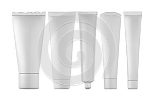 Set of realistic toothpaste tube products .