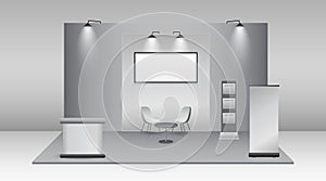 Set of realistic trade exhibition stand or white blank exhibition kiosk or stand booth corporate commercial.