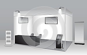 set of realistic trade exhibition stand or white blank exhibition kiosk or stand booth corporate commercial. eps vector..