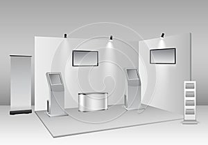 set of realistic trade exhibition stand or white blank exhibition kiosk or stand booth corporate commercial. eps vector..