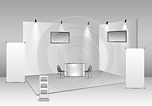set of realistic trade exhibition stand or white blank exhibition kiosk or stand booth corporate commercial. eps vector.