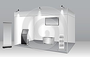 set of realistic trade exhibition stand or white blank exhibition kiosk or stand booth corporate commercial. eps vector.