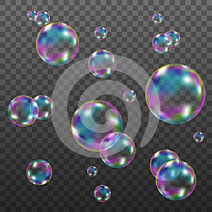Set of realistic transparent colorful soap  bubbles