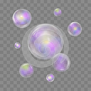 Set of realistic transparent colorful soap bubbles with rainbow reflection on checkered background. Vector