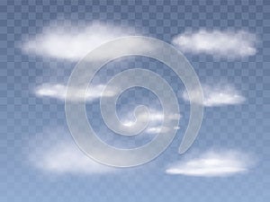 Set of Realistic And Transparent Different Clouds. Transparent Blue Sky Background. Vector fog Illustration.