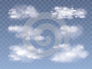 Set of Realistic And Transparent Different Clouds. Transparent Blue Sky Background. Vector fog Illustration.