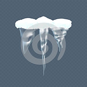 Set realistic transparent winter snow icicles, snowballs. Christmas snowflakes, snowdrifts.