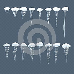 Set realistic transparent winter snow icicles, snowballs. Christmas snowflakes, snowdrifts.