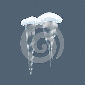 Set realistic transparent winter snow icicles, snowballs. Christmas snowflakes, snowdrifts.