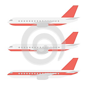 Set realistic transport aircraft or airliner with red stripes, wings and engines in flat design