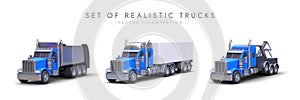 Set of realistic trucks. Detailed vector image. Truck, dump, tow truck