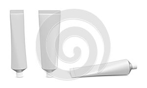 Set of realistic tube mockup. Plastic tuba for toothpaste, cream, gel and shampoo. Template for medicine or cosmetics. Vector