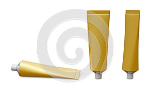 Set of realistic tube mockup. Plastic tuba for toothpaste, cream, gel and shampoo. Template for medicine or cosmetics. Vector