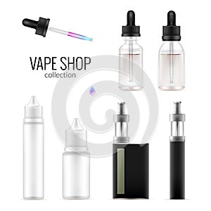 Set of realistic vape bottles and e-cigarette.