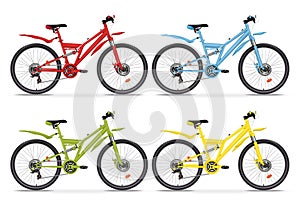 Set realistic vector colorful bicycles different colors. Red, blue, green and yellow metallic bike half-face with many multiple de