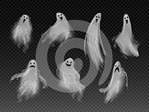 Set of realistic vector fog ghosts. 3d smokes looking like night ghouls. Halloween illustration of scary poltergeist or