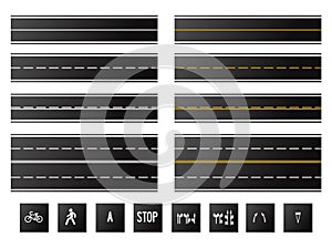 Set of realistic vector horizontal roads and signs. Top view of