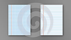 Set of realistic vector illustration of blank sheets of square and lined paper from a block isolated on a gray