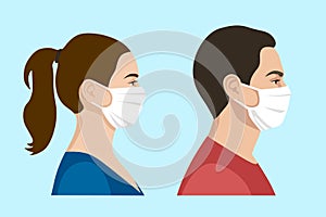 Set of realistic vector of a man and a woman wearing protective face mask - covid-19 safety measures, restriction, covering face