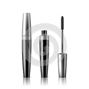 Set of realistic vector mascara bottles. Brush and mascara tube. Black wand and silver tube