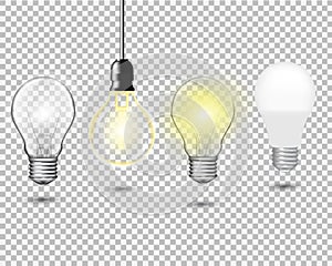 Set of realistic vector transparent light bulbs