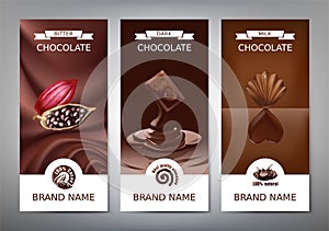 Set realistic vertical banners with milk, dark and bitter chocolate