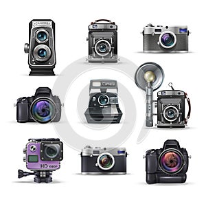 Set of realistic vintage retro camera and digital photo camera. Vector illustration.