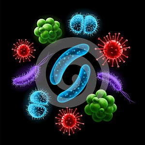 Set of realistic virus, probiotic bacteria cells photo