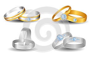 Set of realistic wedding rings isolated or luxury golden ring for engaged or valentine`s gold ring concept. eps vector.