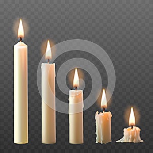 set of realistic white burning candles isolated on a transparent background.