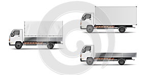 Set of realistic white cargo vehicles. vector illustration with heavy truck, trailer, lorry, delivery van . Side