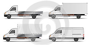 Set of realistic white cargo vehicles. vector illustration with heavy truck, trailer, lorry, Mini bus, delivery van