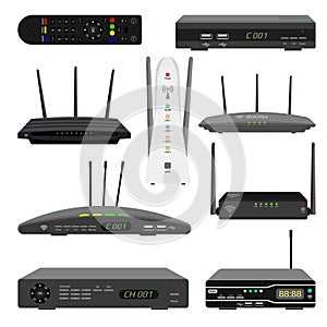 Set of realistic Wi-Fi routers and digital television receivers.