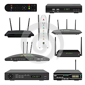 Set of realistic Wi-Fi routers and digital television receivers. photo