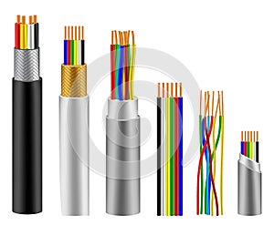 Set of realistic wires flexible cables isolated or cooper cable with insulation rubber. eps vector.
