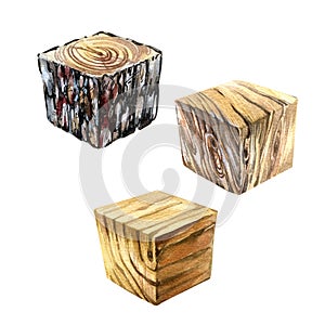Set realistic wood fibers cube with bark isolated on white background. Watercolor hand draw illustration. Art for design