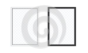 Set of realistic wooden rectangular picture or photo frames. Black and white with shadow and transparent background, vector